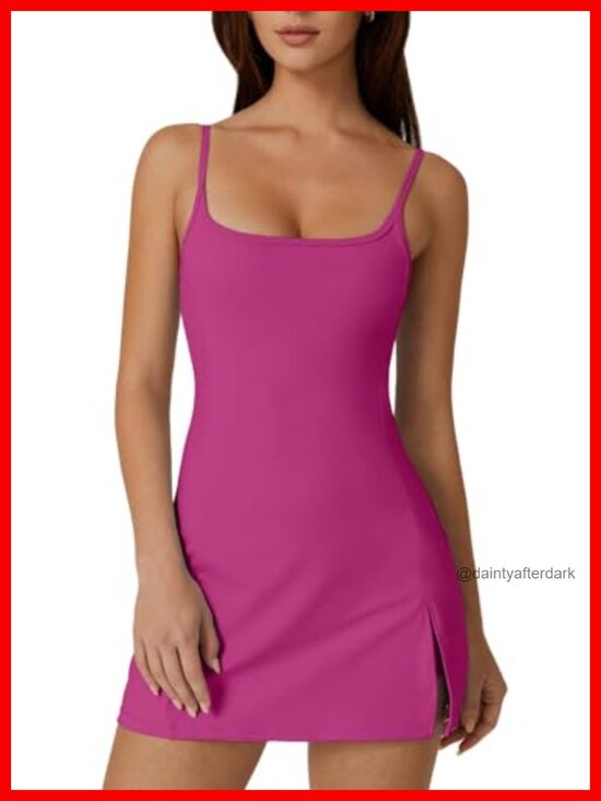 Dresses & Skirts - Women's Spaghetti Strap Tennis Dress with Built-in Shorts, Side Slit Athletic